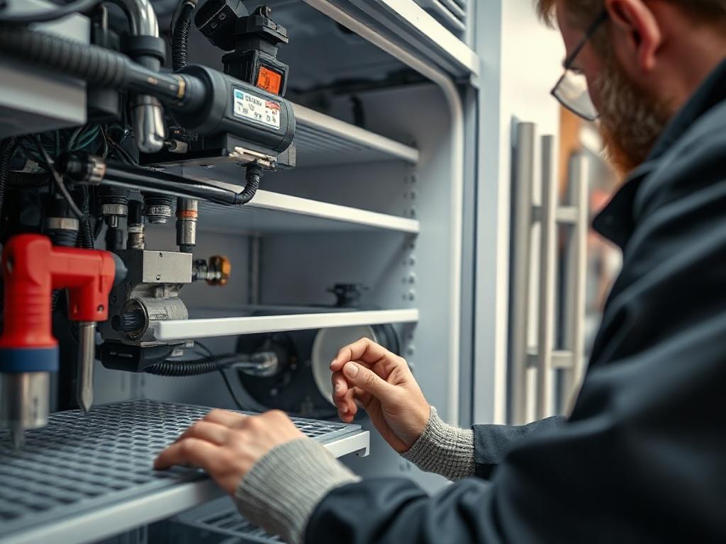 A detailed close-up of a high-quality refrigeration unit being serviced by a technician, showcasing tools and parts that signify quality maintenance. The background subtly highlights a clean, organized workspace, emphasizing professionalism and attention to detail. Shot with a 45mm f/1.2 lens.