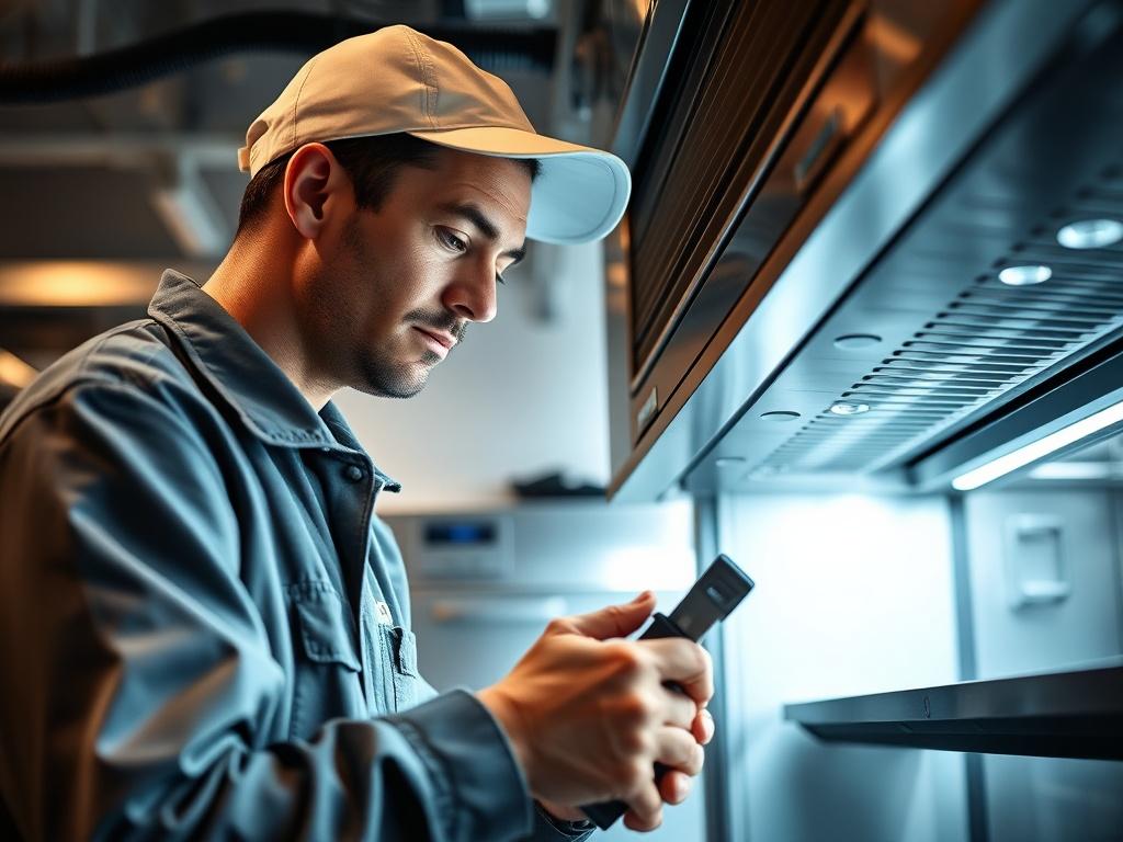 A close-up shot of a technician working on a refrigeration unit in a commercial kitchen, with focused expression, tools in hand, and a well-lit background showcasing kitchen equipment.