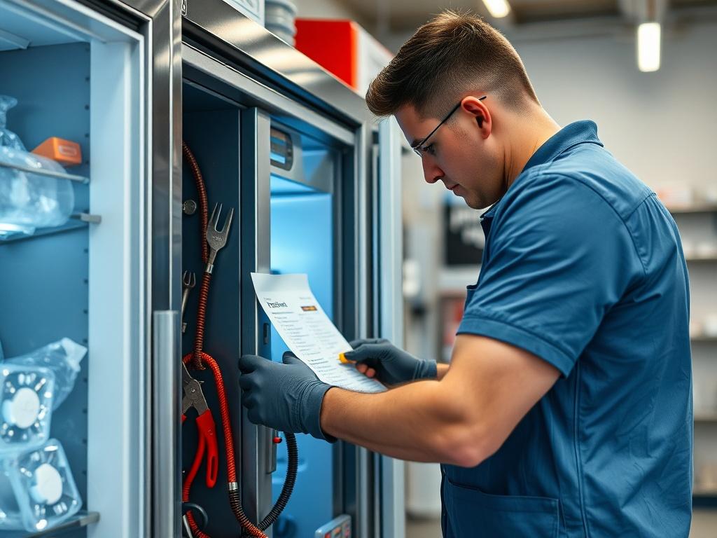A technician performing routine maintenance on an ice machine in a commercial setting, showcasing tools, a checklist, and a bright, organized workspace.
