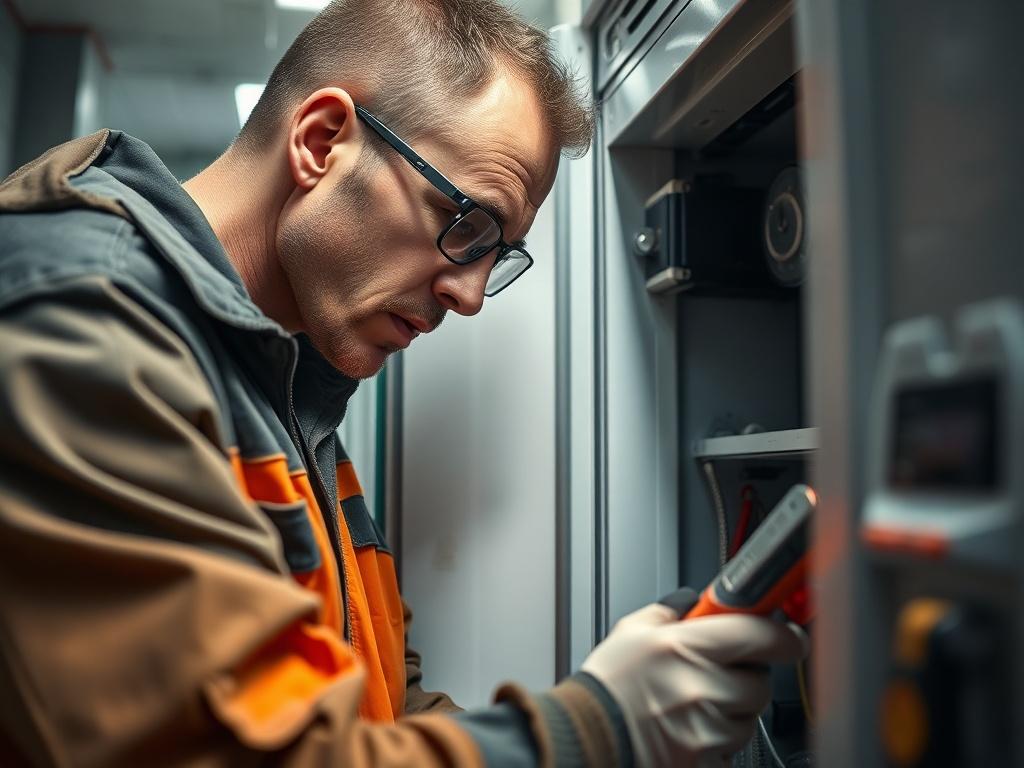 A close-up image of a technician inspecting a refrigeration unit, with quality tools and equipment around, capturing a moment of careful evaluation and attention to detail.