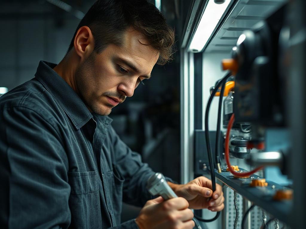 A hyper-realistic close-up of a skilled technician working on a commercial refrigeration unit, showcasing their expertise and focus. The technician is in a well-lit environment, showcasing high-quality tools and equipment, with a soft-focus background that emphasizes their craftsmanship. The color palette aligns with #CFB07C, creating a warm and inviting atmosphere.