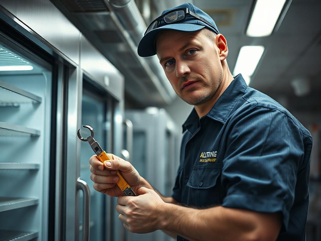 A close-up shot of a technician in a uniform working on a refrigeration unit, tools in hand, with a focused expression. The background is a clean, well-lit commercial kitchen setting, showcasing industrial refrigeration equipment. The image captures the urgency and professionalism of the technician, emphasizing the quick response service provided by Altitude Group.