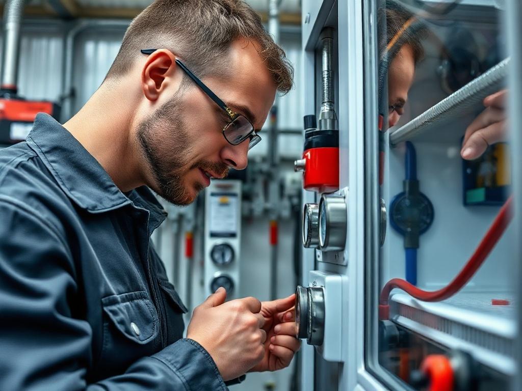 A close-up shot of a technician inspecting a refrigeration system, highlighting the attention to detail and quality in the work. The technician is checking gauges and components in a well-organized workshop. The background shows high-quality tools and equipment, reflecting professionalism and expertise in service delivery.