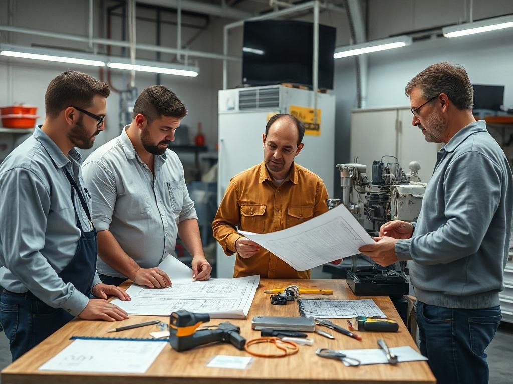 A close-up shot of a group of technicians discussing a refrigeration project, with blueprints and tools spread out on a table. The image captures a collaborative and professional atmosphere, showcasing the team's expertise and teamwork. The background features a well-equipped workshop, emphasizing their readiness to handle any challenge.