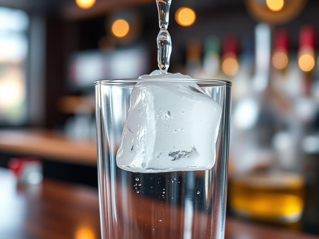 A close-up shot of a clean, clear ice cube being dropped into a glass, showcasing the quality of ice provided by the service. The background is slightly blurred, emphasizing the ice cube while hinting at a lively restaurant bar setting. The image conveys freshness and reliability, capturing the essence of quality service.
