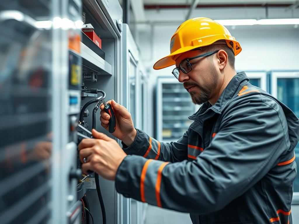 A close-up shot of a technician performing maintenance on a refrigeration unit, showcasing detailed attention to mechanical components. The technician is using specialized tools and wearing safety equipment. The environment is bright and clean, reflecting a professional service atmosphere. The background includes various refrigeration units, indicating a comprehensive service capability.