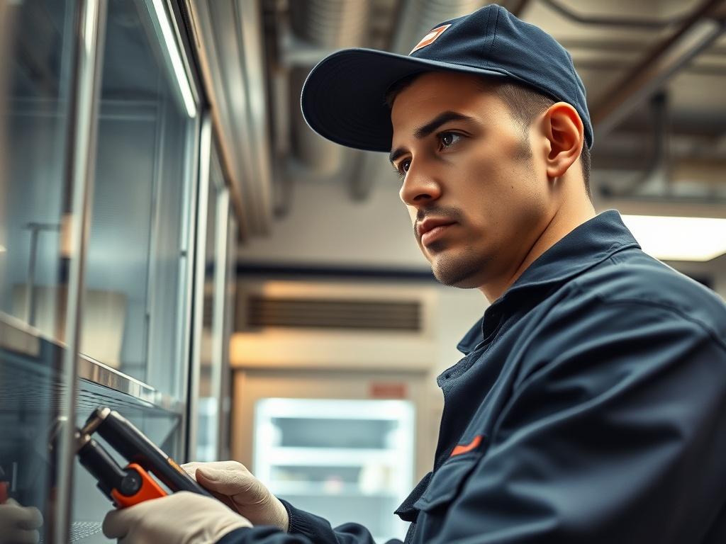 A close-up shot of a technician in uniform, confidently inspecting a refrigeration unit. The technician is focused and has tools in hand, showcasing professionalism. The background is a well-lit industrial kitchen with refrigeration equipment visibly in use, emphasizing a working environment. The image has a warm tone, highlighting the reliability and expertise of the technician.