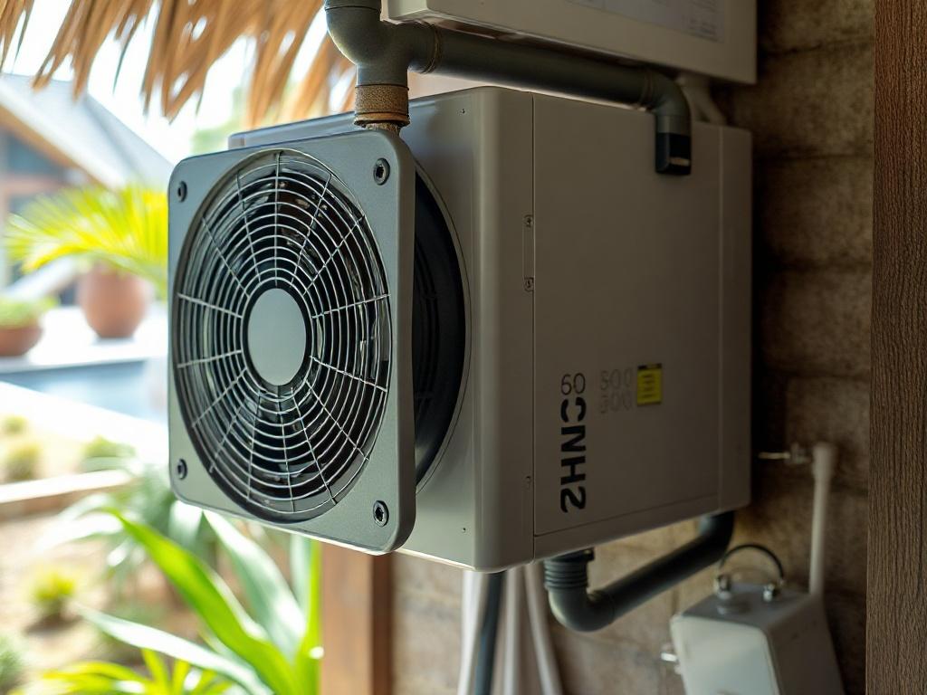 A close-up shot of a state-of-the-art refrigeration unit installed at Mana Island Resort, showcasing its sleek design and energy-efficient features. The background features a glimpse of the resort's lush surroundings, emphasizing its eco-friendly commitment. The image is rendered in hyper-realistic style, captured with a 45mm f/1.2 lens.