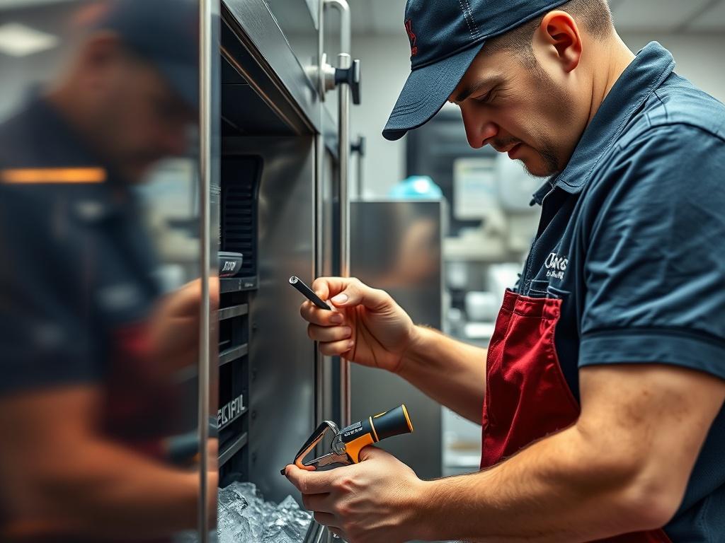 A close-up of a technician servicing an ice machine, showcasing attention to detail. The background features a clean and organized commercial kitchen environment. The technician uses specialized tools, highlighting the professionalism and expertise involved in maintaining ice machines.