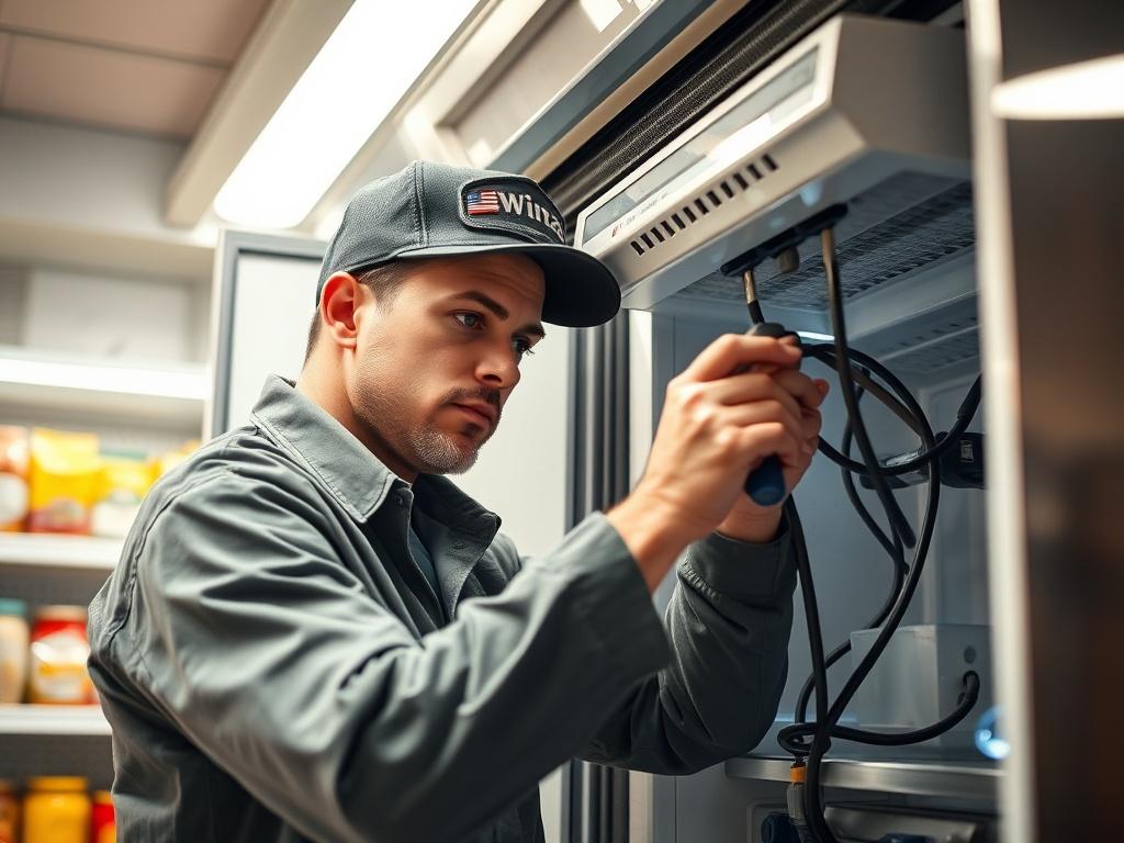 A technician working on a commercial refrigeration unit, showing focused concentration. The setting is a well-lit kitchen or storage area, emphasizing the importance of quick repairs in a professional environment. The technician wears a uniform and uses tools, with shelves of food products in the background to illustrate the context.