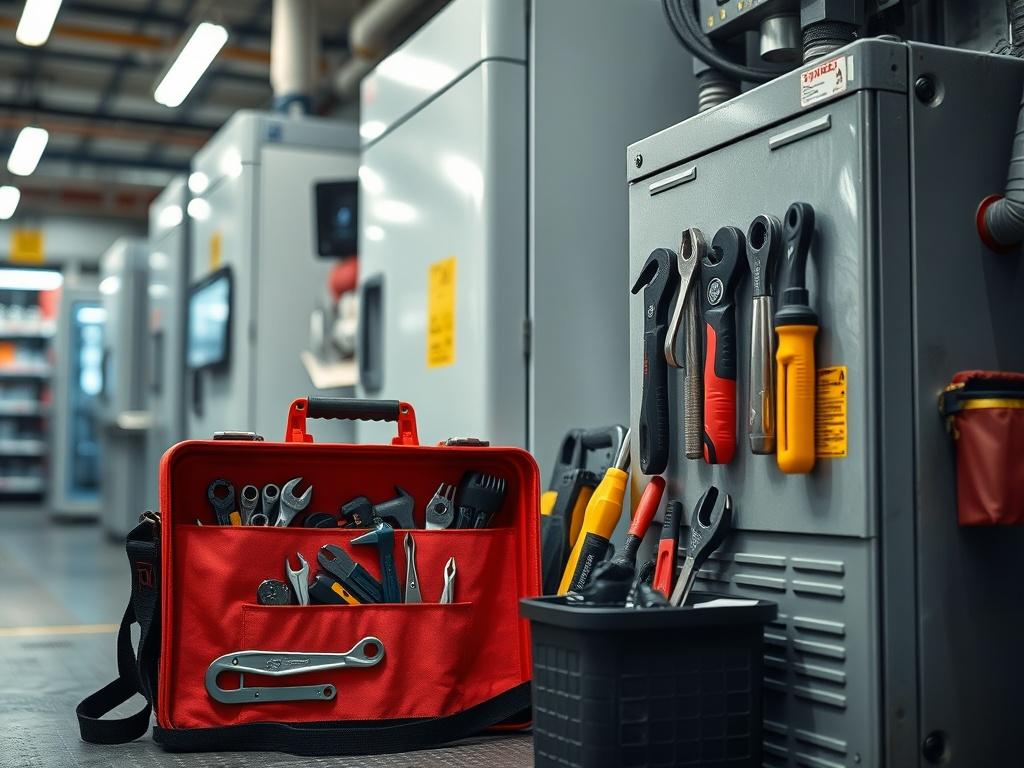 An image of a well-organized technician's toolkit next to industrial refrigeration equipment, emphasizing preparedness and professionalism. The background shows a commercial setting, indicating the importance of regular maintenance in busy environments.