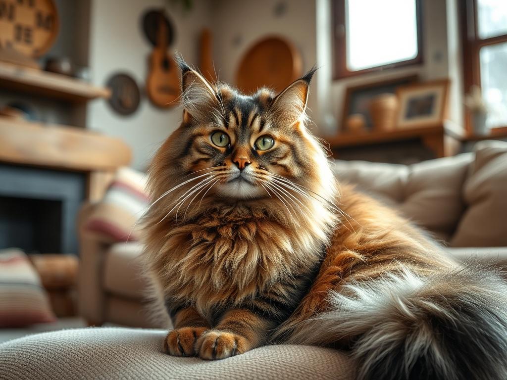 A loving Siberian Forest Cat sitting comfortably in a cozy,