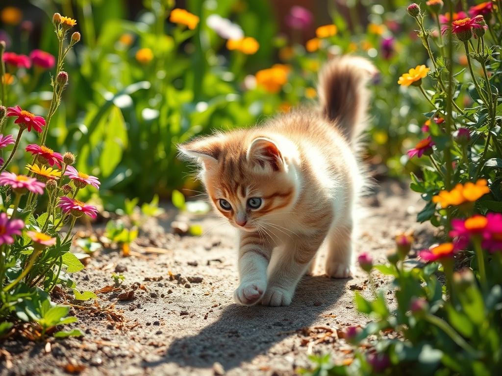 A playful Siberian kitten exploring a sunlit garden, surrounded by