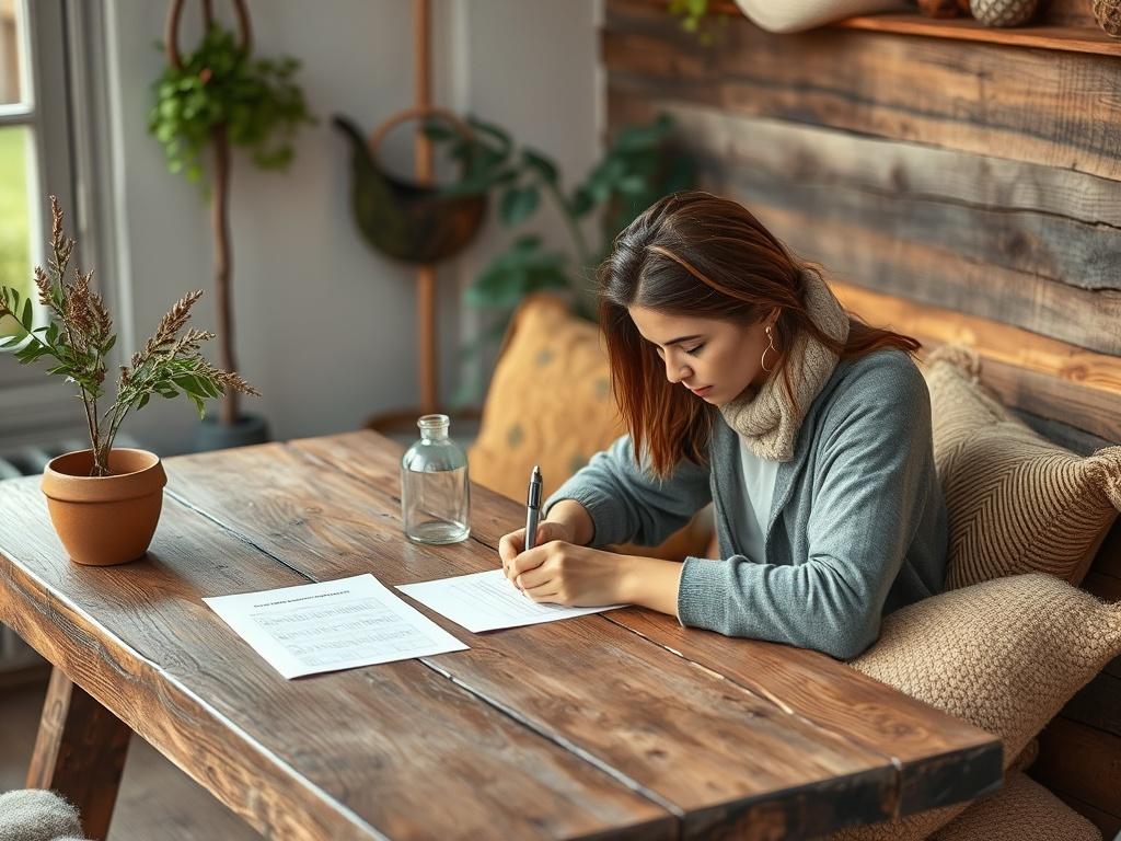 A thoughtful person sitting at a rustic wooden table, filling