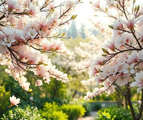 Serene flowering trees in full bloom with soft pink and white blossoms, representing renewal and the cycle of life