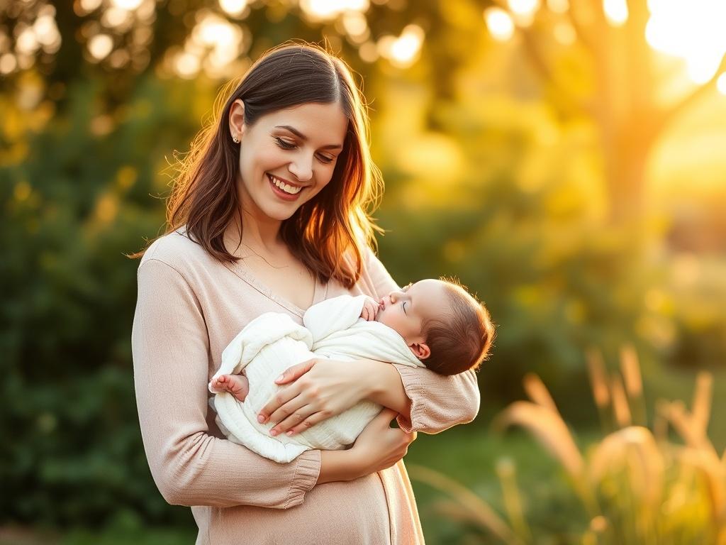 A serene outdoor photography session featuring a mother holding her newborn baby in a soft-lit golden hour setting. The background showcases lush greenery and gentle natural light, creating a warm and inviting atmosphere. The mother has a joyful expression, embodying love and connection. The image should evoke feelings of warmth and nostalgia, highlighting the beauty of family moments.