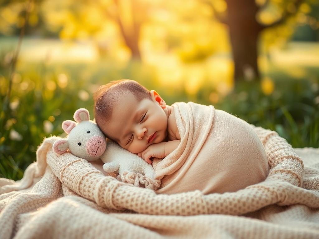A serene newborn baby peacefully sleeping on a soft, textured blanket in a cozy outdoor setting. The background features gentle greenery with soft golden sunlight filtering through the trees, creating a tranquil and warm atmosphere. The baby is wrapped in a delicate, pastel-colored swaddle, surrounded by soft, plush toys. This image captures the essence of innocence and the beauty of new life.