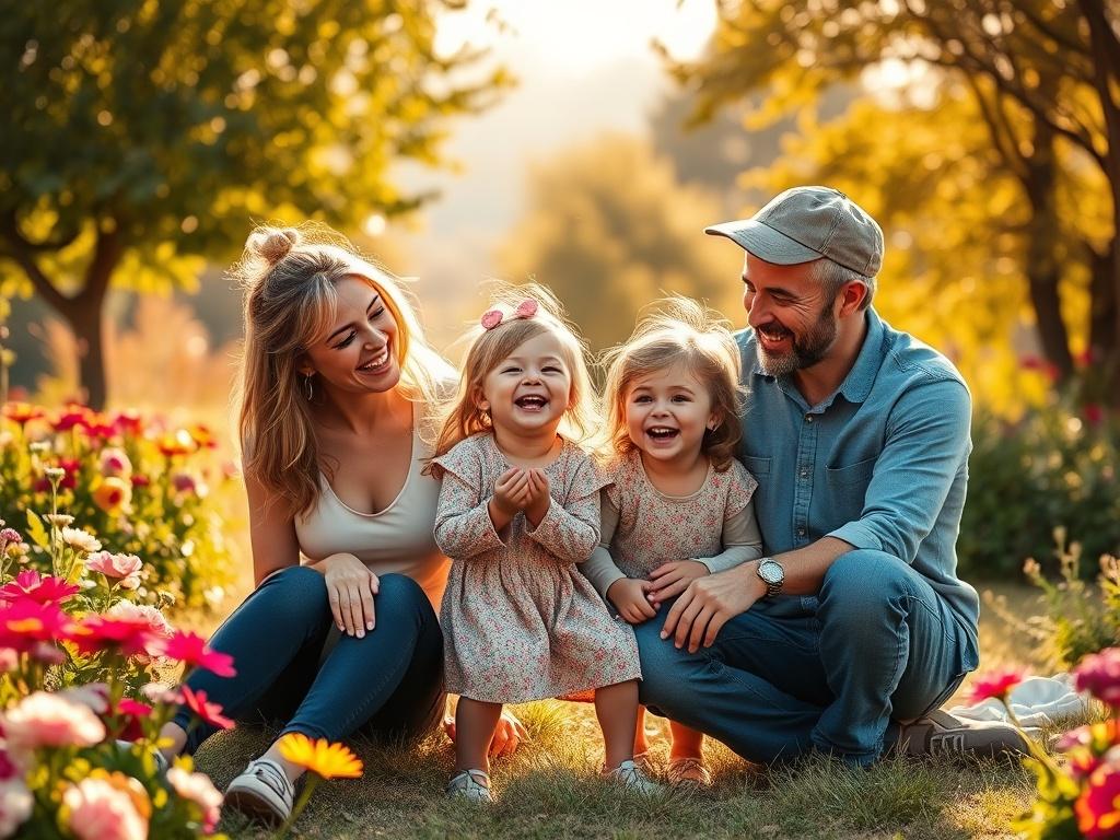 A joyful family of four enjoying a sunny day in a picturesque outdoor setting. The parents and their two young children are laughing and playing together, surrounded by vibrant flowers and greenery. The warm golden light creates a cozy atmosphere, highlighting the love and connection shared among them. This image captures the essence of family togetherness and the joy of creating lasting memories.
