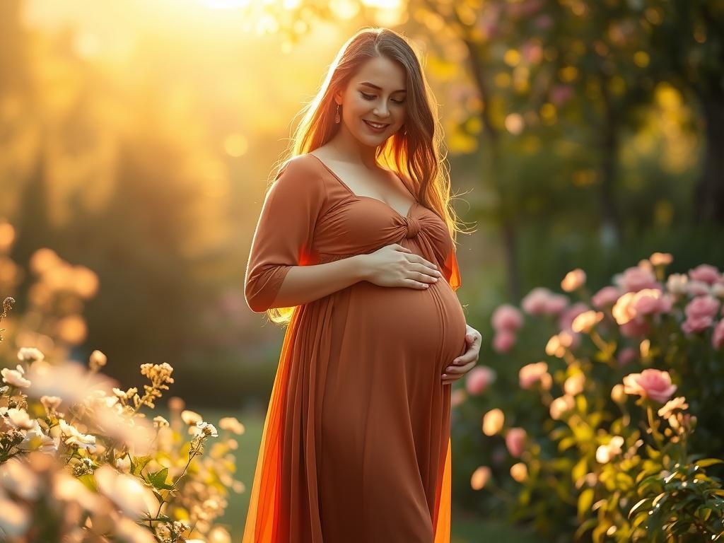 A glowing pregnant mother standing in a beautiful outdoor environment, surrounded by blooming flowers and lush greenery. The scene is illuminated by soft golden sunlight, creating a serene and ethereal atmosphere. She wears a flowing, elegant dress that accentuates her baby bump, with a gentle smile on her face. This image embodies the joy and anticipation of motherhood, showcasing the bond between mother and child.