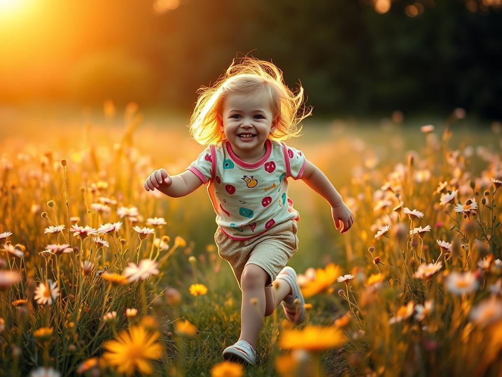 A playful young child running through a field of wildflowers, with a big smile on their face. The sun casts a warm golden glow, enhancing the cheerful atmosphere of the scene. The child is dressed in colorful, casual clothing, embodying the spirit of childhood joy and freedom. This image captures the essence of childhood wonder and the beauty of capturing these fleeting moments.