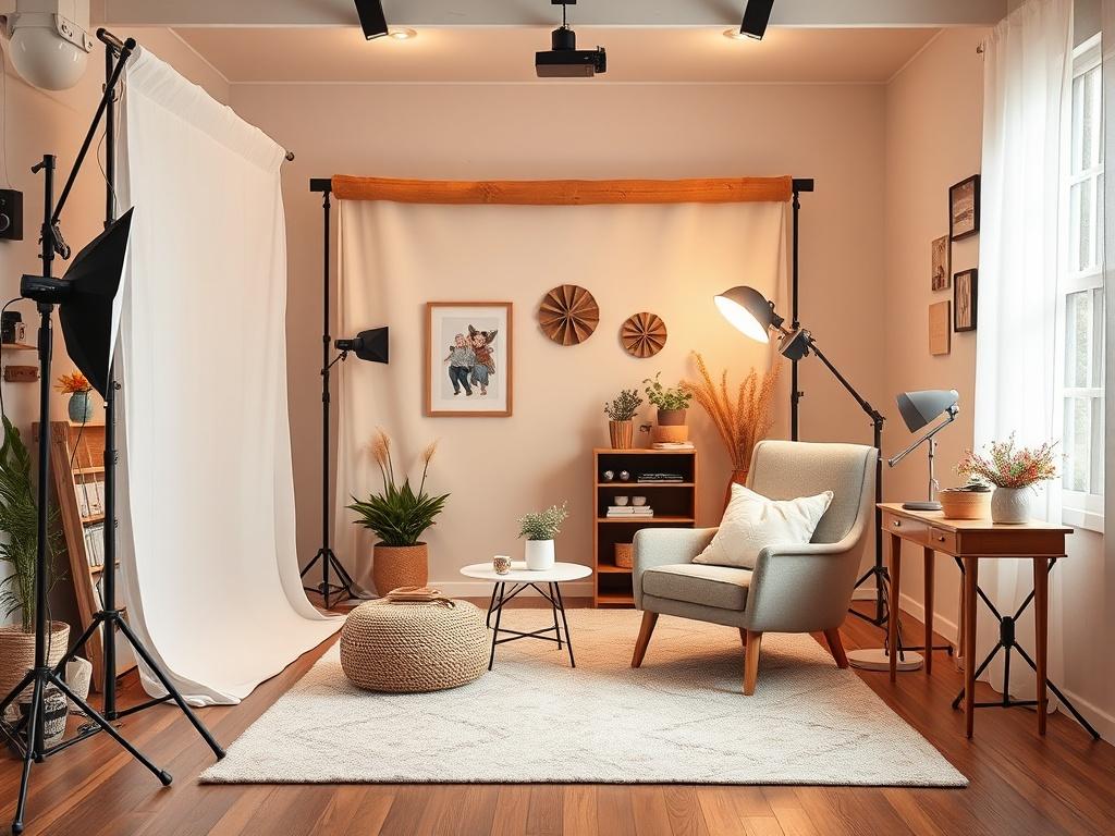A realistic high-resolution photo capturing an indoor photography studio setup. The composition features a cozy home studio with soft, warm lighting that creates an inviting atmosphere. The background includes beautiful backdrops, props, and decor arranged neatly. A comfortable chair and a small decorative table are positioned in the scene, enhancing the ambiance of creativity and comfort. The focus is on the studio's cozy vibe, emphasizing its readiness for capturing precious family moments.