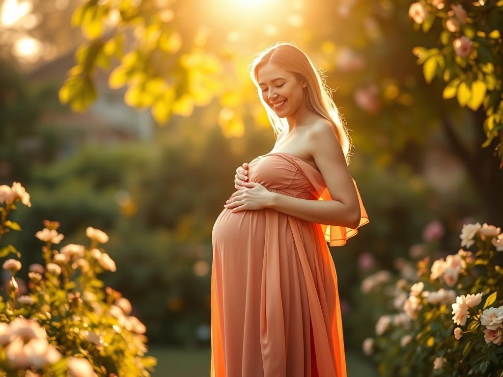 A radiant pregnant mother standing gracefully in a sunlit outdoor garden, surrounded by blooming flowers. She wears a flowing dress that highlights her baby bump, exuding a sense of joy and beauty. The background should be soft-focused, emphasizing the golden light filtering through the leaves, creating an atmosphere of warmth and serenity.