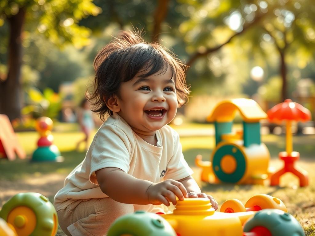 A joyful child playing in a sunny outdoor park, surrounded by colorful toys and playful elements. The child is laughing and engaging with the camera, showcasing their vibrant personality. The scene is filled with lush greenery and soft sunlight, creating a cheerful and lively atmosphere that captures the essence of childhood.