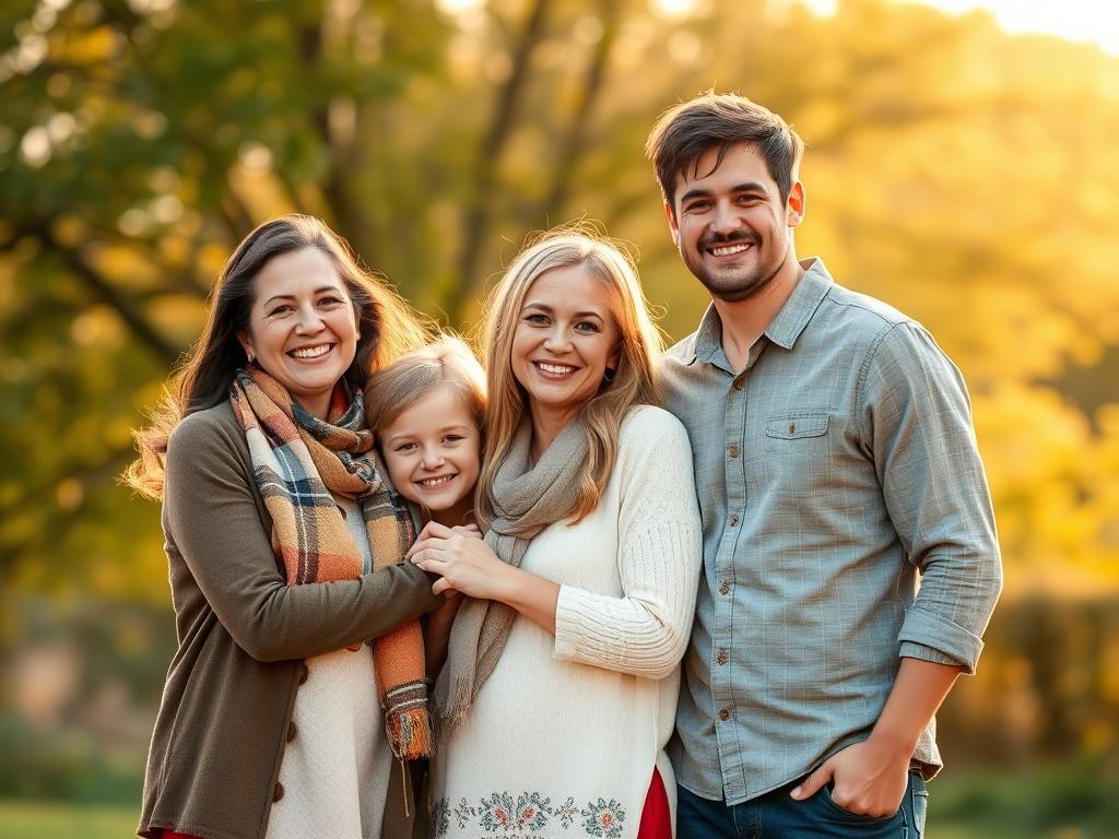 A warm family portrait captured in a picturesque outdoor setting, showcasing a loving family of four. They stand together, smiling and embracing, surrounded by nature's beauty. The sunlight creates a golden hue, enhancing the emotions of love and connection. The background features soft, blurred trees, contributing to the serene and joyful atmosphere.