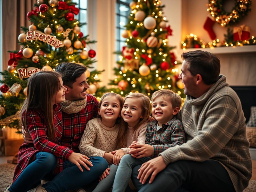 A cozy family portrait session during Christmas, featuring a family of four sitting by a beautifully decorated Christmas tree, with warm lights and holiday decorations. The scene captures the joy and warmth of the holiday season, with soft focus on the family members' smiles and laughter, shot with a 45mm f/1.2 lens.