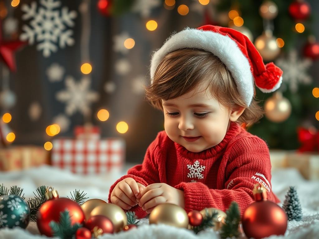 A beautifully themed Christmas backdrop with snowflakes and twinkling lights, featuring a child in a festive outfit playing with holiday ornaments. The scene captures the wonder and excitement of Christmas, with a soft focus on the child's joyful expression, shot with a 45mm f/1.2 lens.