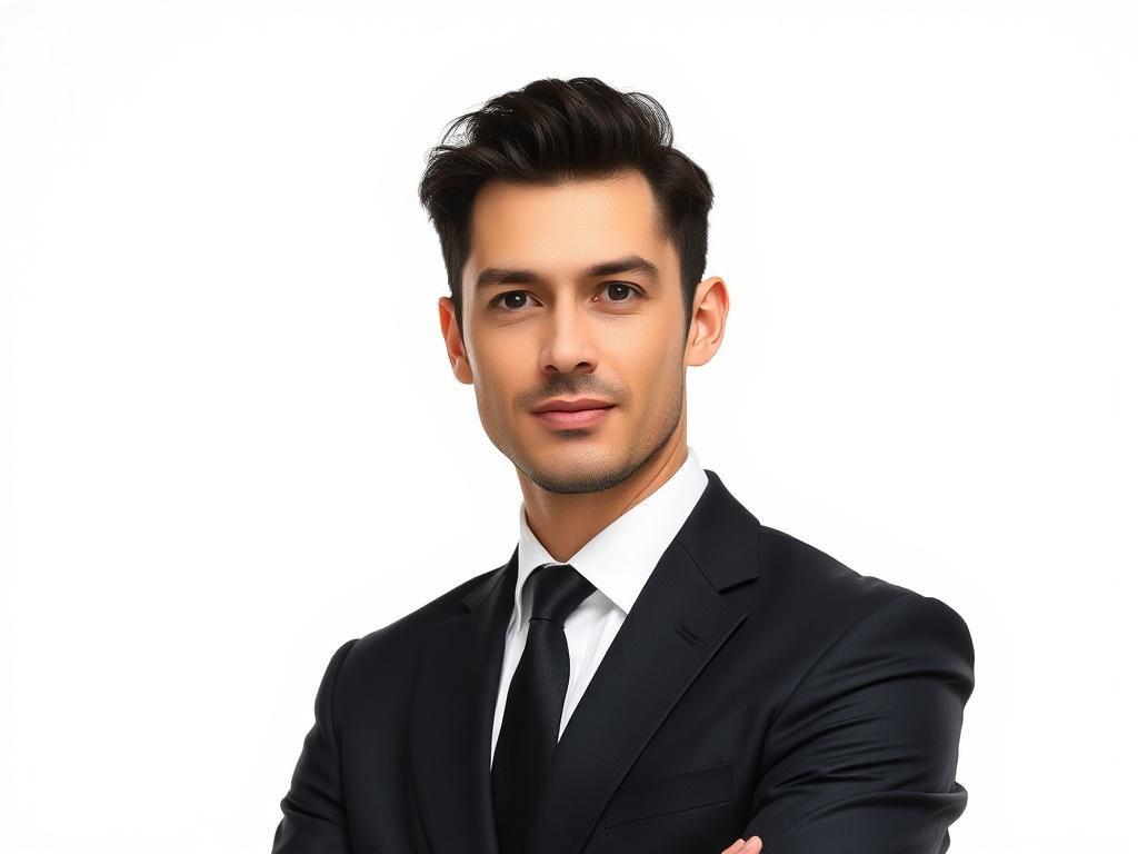 A professional man dressed in a sharp black suit, standing confidently against a clean white background. The composition should focus solely on the man, capturing a close-up shot that highlights the details of his suit and expression. The lighting should be bright and clear, emphasizing the man's professionalism and charisma.