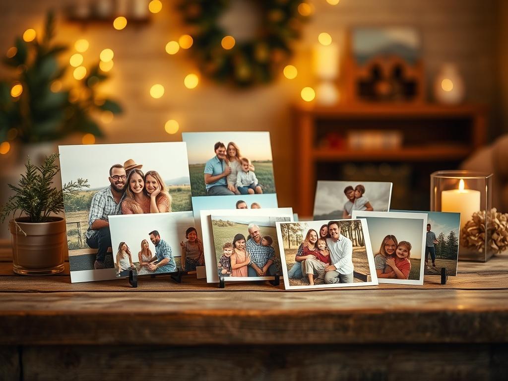 A serene, high-resolution photo of a beautifully arranged collection of photo prints featuring family moments, displayed on a rustic wooden table. The background should be softly blurred with golden hues and gentle lighting, creating a cozy and inviting atmosphere.