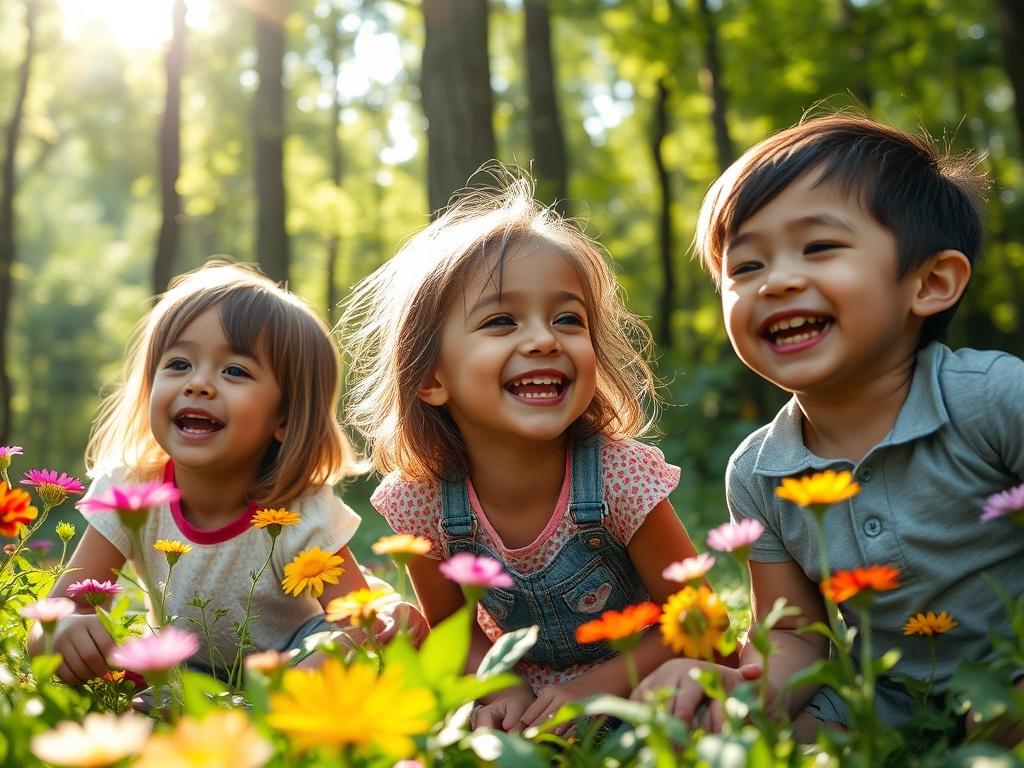 A joyful outdoor family photography session in a lush forest setting. Capture a candid moment of children laughing and playing, with sunlight filtering through the trees, creating a magical atmosphere. The focus should be on the children's expressions, surrounded by greenery and colorful flowers, conveying a sense of joy and freedom.