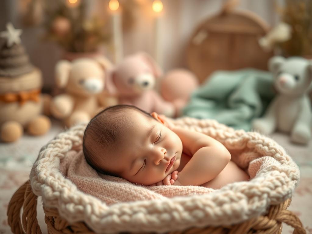 A cozy photography studio setup featuring a beautifully arranged backdrop with soft, pastel colors, and tasteful props like plush toys and blankets. The scene should convey warmth and intimacy, highlighting a soft light illuminating a newborn peacefully nestled in a prop. The composition should focus on a close-up of the newborn, showcasing delicate features, with a blurred background of the cozy studio elements.