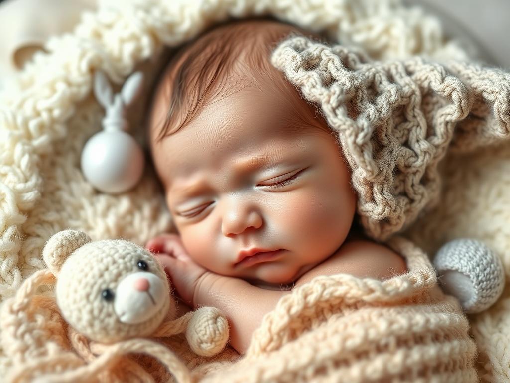 A serene close-up of a newborn sleeping peacefully on a soft, fluffy blanket, surrounded by delicate props like tiny hats and toys. The image should convey a sense of tranquility and innocence, with soft, natural lighting that enhances the baby's features and creates a dreamy atmosphere.