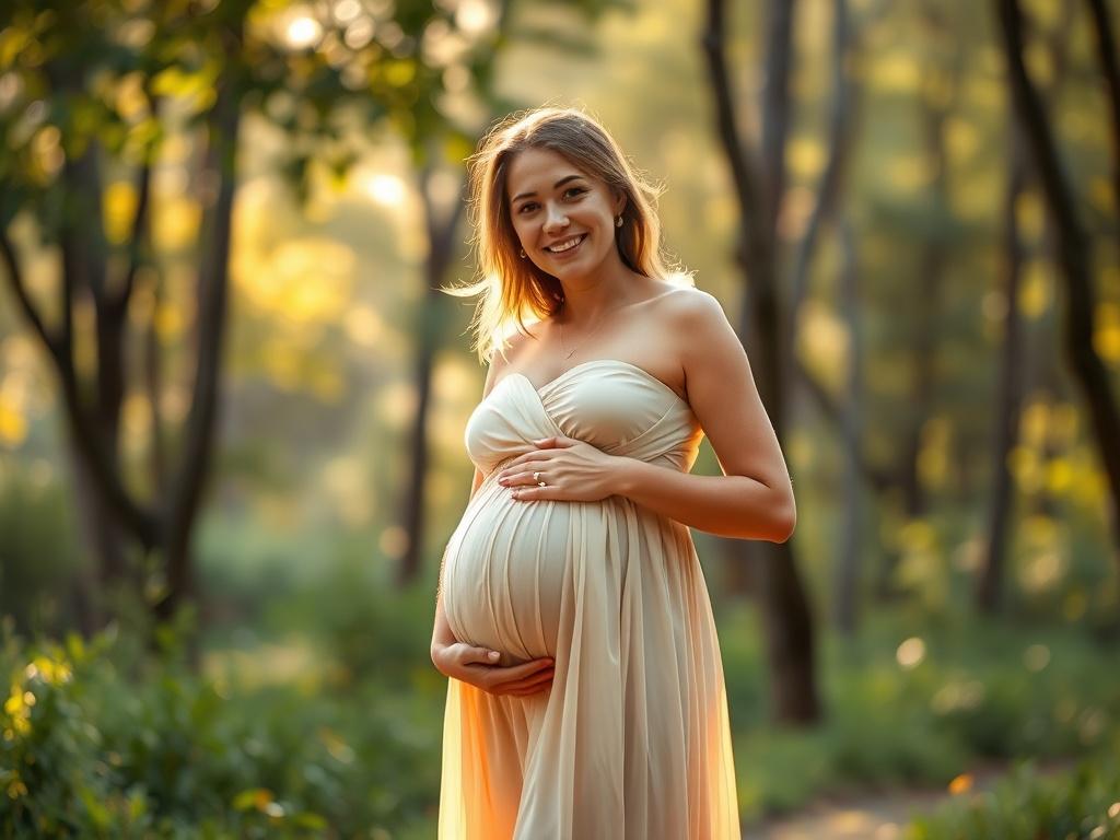 A glowing pregnant woman in a flowing dress, standing in a lush outdoor setting with soft sunlight filtering through the trees. The background is a beautiful forest, enhancing the natural beauty and joy of motherhood, with the focus on her radiant smile and gentle pose.