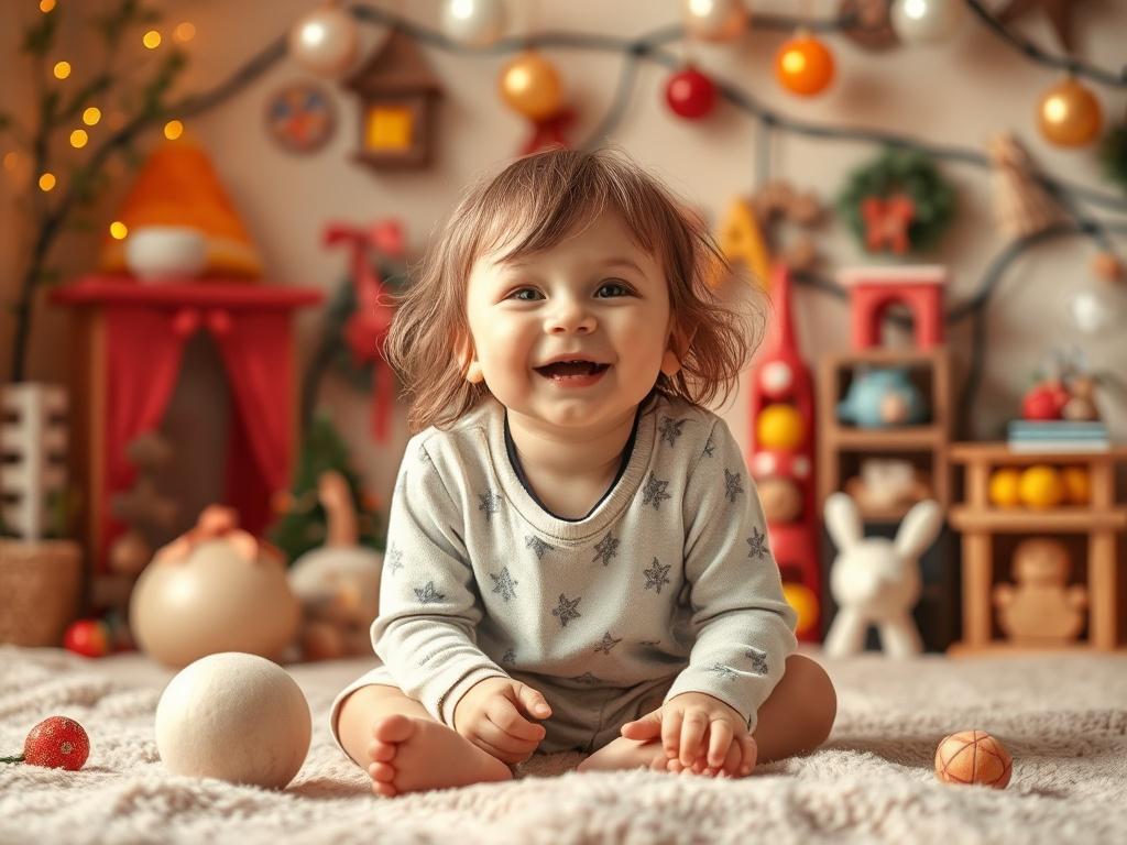 A child joyfully interacting with a themed backdrop, such as a whimsical fairy tale scene or a vibrant seasonal setup. The background is colorful and imaginative, filled with props that enhance the playful atmosphere, showcasing the child's creativity and joy.