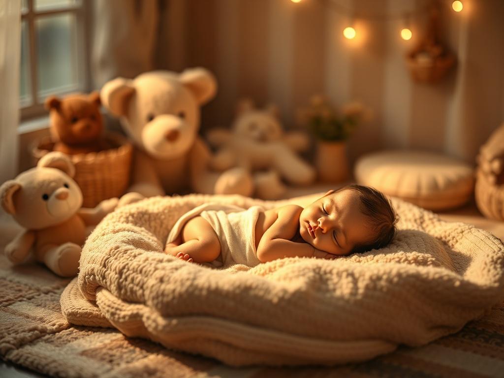 A serene indoor scene of a newborn peacefully sleeping on a soft blanket, surrounded by cozy props like plush toys and gentle lighting. The atmosphere is warm and inviting, with golden hues casting a soft glow over the baby, creating a tranquil and loving environment.