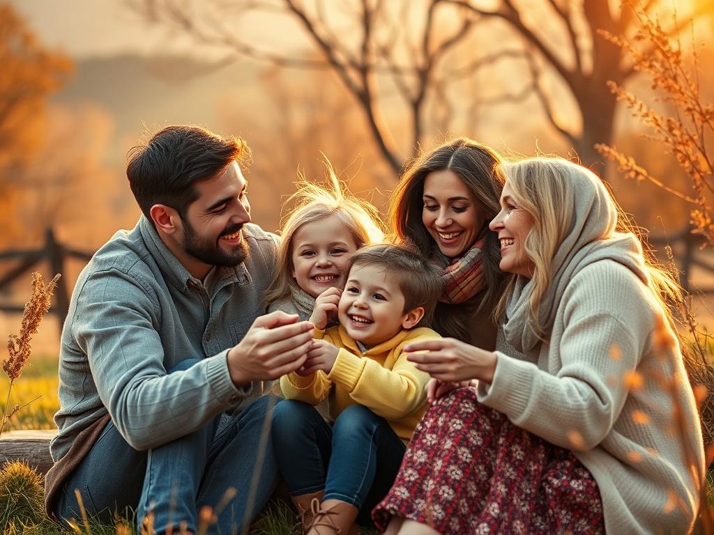 A happy family gathered in a picturesque outdoor setting, engaging in a fun activity together. The scene is filled with warmth and laughter, with soft, golden light illuminating their joyful expressions, creating a memorable portrait of love and togetherness.