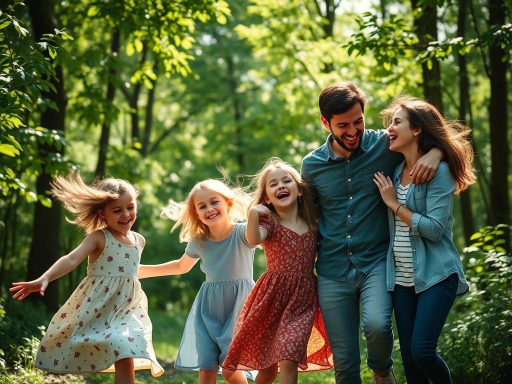 A joyful family of four, laughing and playing in a lush green forest, surrounded by dappled sunlight filtering through the leaves. The scene captures the essence of playfulness and love, with the children twirling and the parents embracing each other. The focus is on their happy expressions, showcasing the natural beauty of the outdoor setting.
