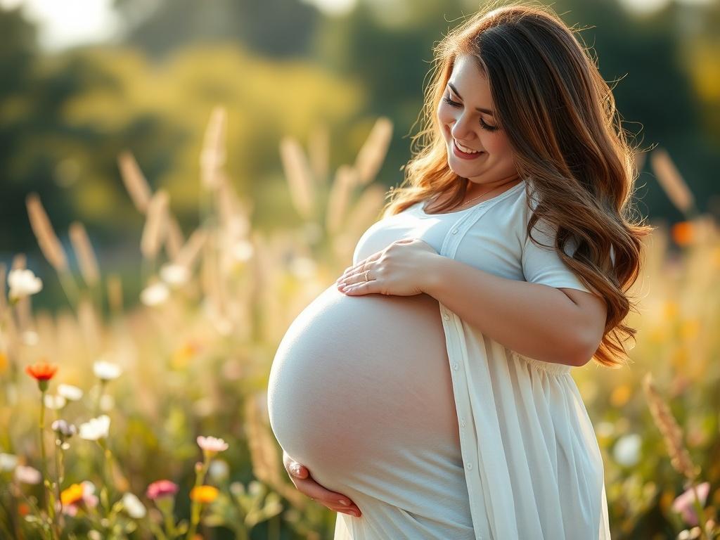 A glowing expectant mother, gently cradling her baby bump, standing in a picturesque outdoor setting with wildflowers and soft sunlight. The focus is on her joyful expression, embodying the beauty of motherhood, while the background softly blurs to enhance the moment.