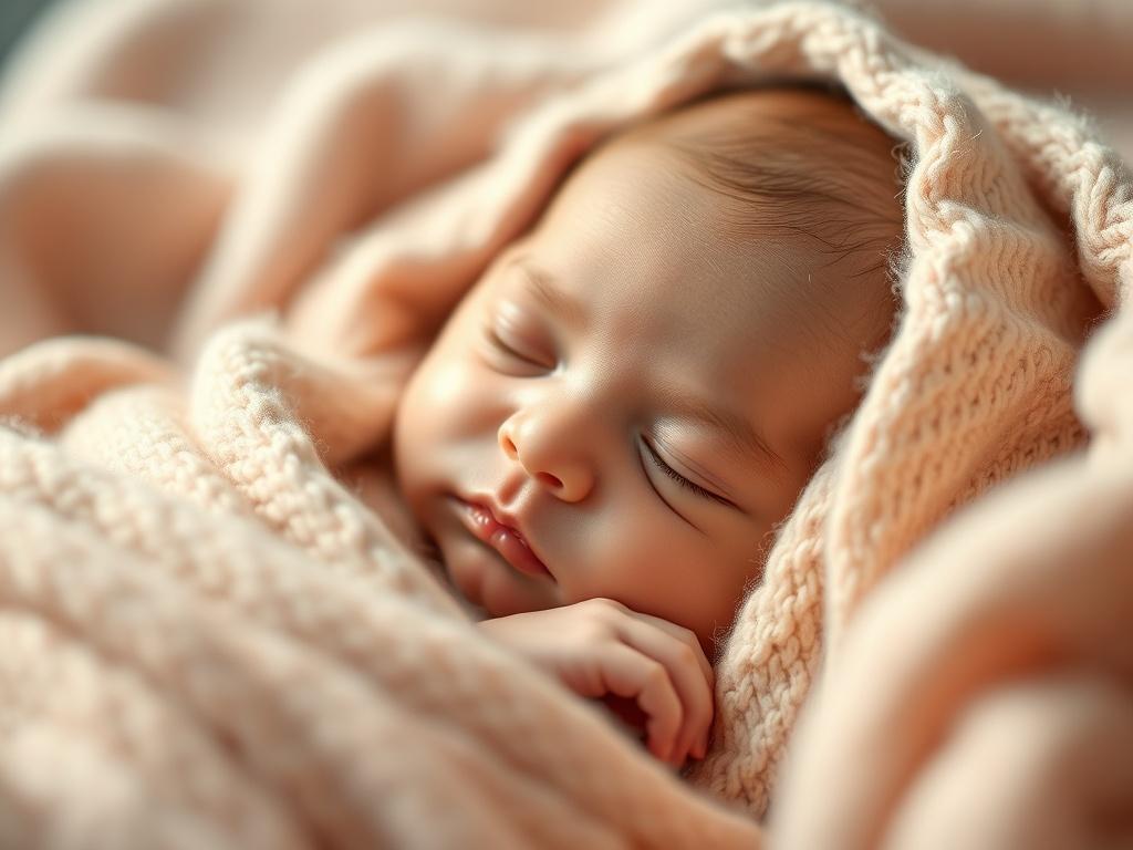 A serene, close-up shot of a newborn peacefully sleeping, nestled in soft, cozy blankets. The warm, gentle light enhances the baby's delicate features, capturing the essence of innocence and tranquility. The background is softly blurred to emphasize the baby, creating a calming and heartwarming scene.