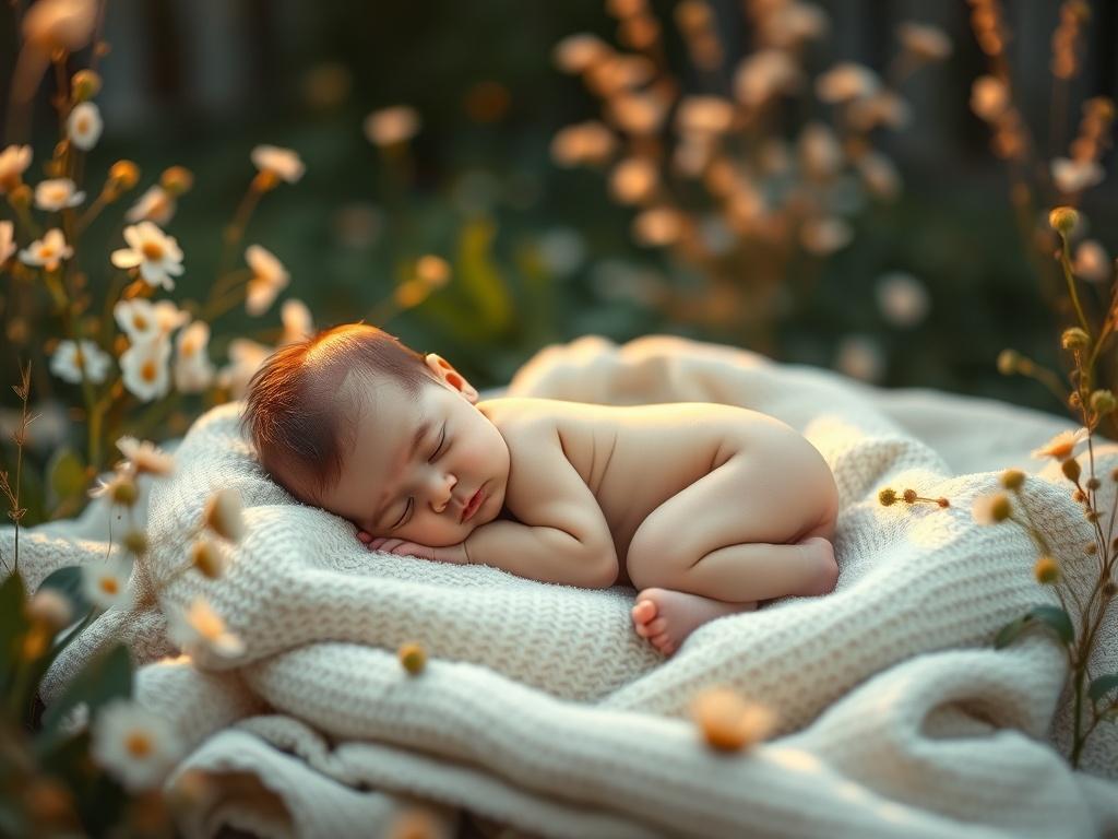 A serene outdoor setting featuring a newborn peacefully sleeping on a soft blanket, surrounded by gentle flowers and greenery. The lighting is soft and warm, creating a cozy atmosphere. The focus is on the newborn, capturing the innocence and beauty of early life.