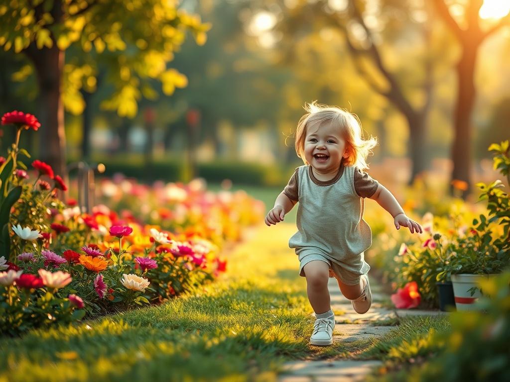 A joyful child playing in a sunlit park, surrounded by colorful flowers and greenery. The child is laughing and running, with a carefree expression that captures the essence of childhood. Soft, warm lighting enhances the cheerful atmosphere.