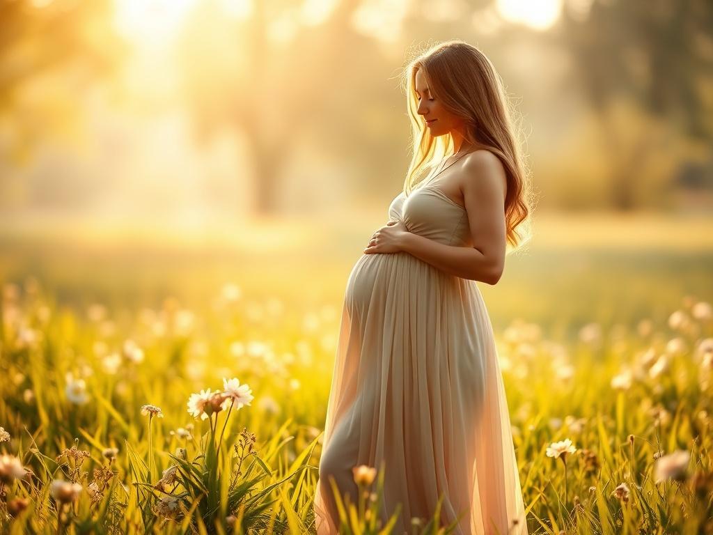 A glowing expectant mother standing in a lush green field, wearing a flowing dress that accentuates her baby bump. The background is softly blurred with flowers and gentle sunlight filtering through trees, creating an enchanting and serene atmosphere.