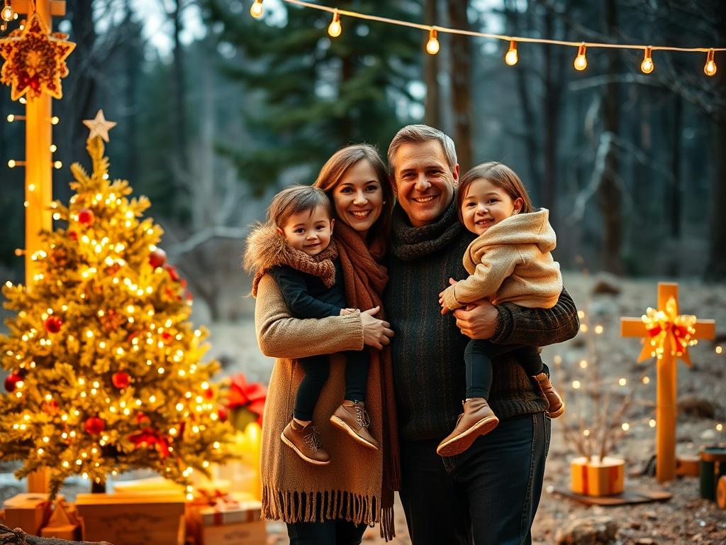 A cozy, golden-hued outdoor family photo session during the holidays. The scene includes a family of four, joyfully posing together with festive decorations such as a decorated Christmas tree nearby, warm lighting, and a serene forest backdrop. The family members are smiling, with the parents holding their children close, capturing a moment of love and happiness. The atmosphere is soft and inviting, evoking the warmth of holiday spirit.