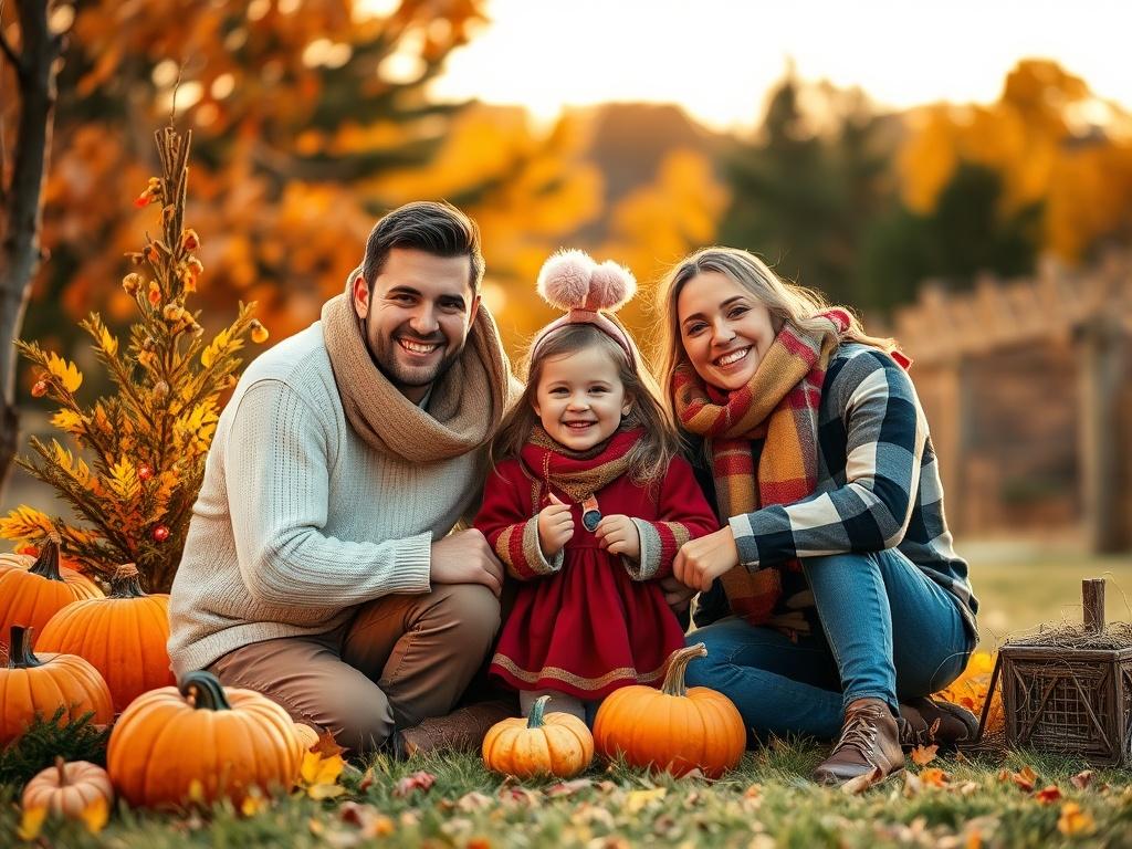 A cozy outdoor family photo shoot capturing the essence of seasonal themes, featuring a family of four with a two-year-old girl, surrounded by holiday decorations in soft golden lighting, set in a serene natural environment. The backdrop should reflect a warm autumn scene with colorful leaves and pumpkins, creating a joyful and heartwarming atmosphere.