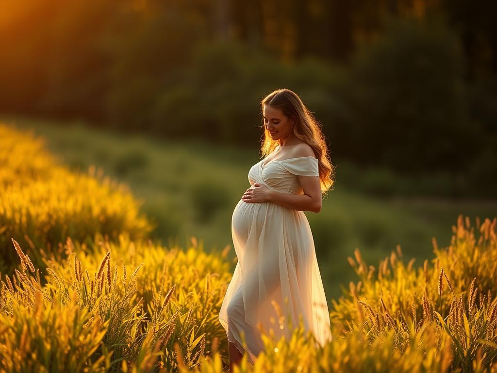 A glowing pregnant woman in a flowing dress standing in a lush green field, bathed in golden sunlight. The serene atmosphere highlights her joy and beauty, surrounded by nature's tranquility.