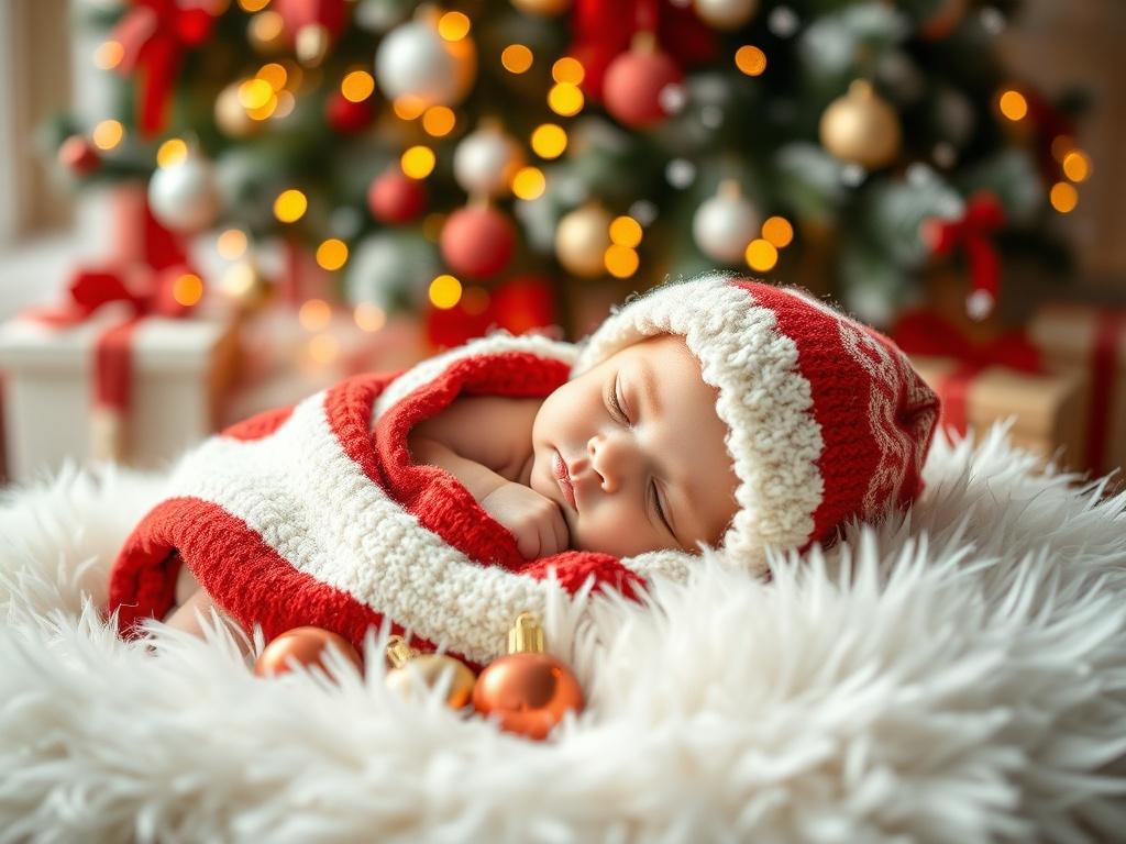 A heartwarming Christmas mini session featuring a newborn wrapped in a cozy red and white blanket, lying on a soft white fur rug. The background showcases a beautifully decorated Christmas tree with twinkling lights and colorful ornaments. A few festive ornaments scattered around the baby, and gentle snowflakes falling in the background. The lighting is soft and warm, creating a magical holiday atmosphere that captures the essence of joy and innocence during the festive season.