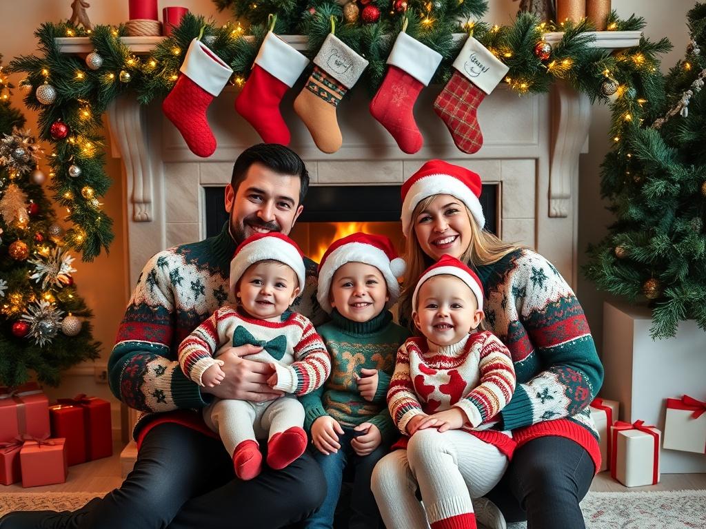 A cheerful family portrait taken during a Christmas mini session. The family, dressed in matching festive sweaters, is seated in front of a beautifully decorated fireplace adorned with stockings and garlands. The parents are holding their laughing children, who are wearing Santa hats. The warm glow of the fire enhances the cozy holiday spirit. The setting is filled with holiday decorations, showcasing the love and happiness that comes with family gatherings during Christmas.